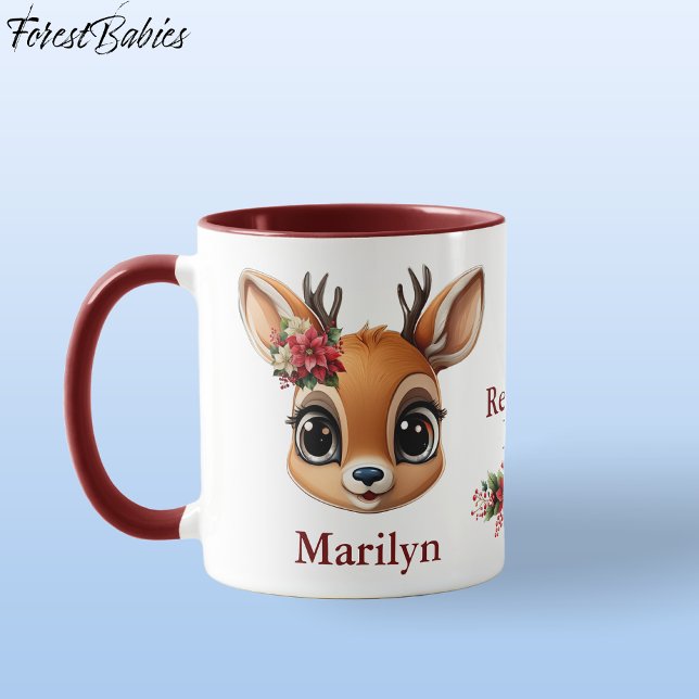 Caneca Reindeer Love, Floral Deer Fawn Doe Poinsettia 🦌 (Custom Deer, Floral Fawn, Doe Antler, Reindeer Love Poinsettia Flowers Maroon ForestBabies Mug 🦌)