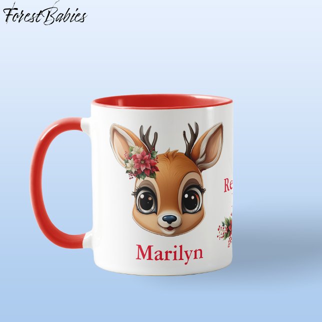 Caneca Reindeer Love, Poinsettia Floral Deer, Fawn, Doe � (Custom Deer, Floral Fawn, Doe Antler, Reindeer Love Poinsettia Flowers Red ForestBabies Mug 🦌🎄)