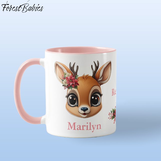 Caneca Reindeer Love, Poinsettia Flower Deer, Fawn, Doe � (Custom Deer, Floral Fawn, Doe Antler, Reindeer Love Poinsettia Flowers Pink ForestBabies Mug 🦌🎄)
