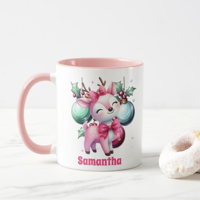 Caneca Reindeio Rosa Natal Crianças Chocolate Quente (Com Donut)