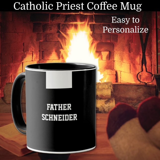 Caneca Religioso do Colar Negra do Padre Católico (Catholic Priest Clergy Coffee Mug with Roman Collar - Easy to personalize)