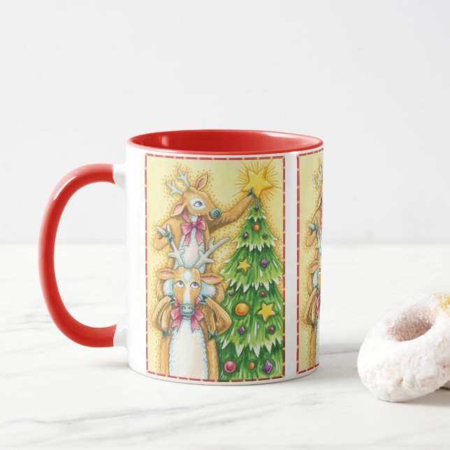 Caneca Rena de Natal Fofa Com Estrela de Árvore de Natal (Com Donut)