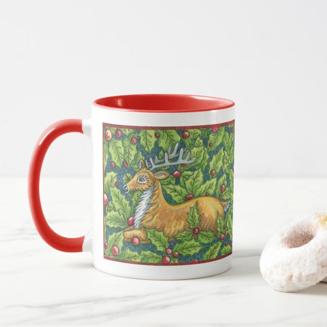 Caneca Rena de Natal Fofo na Floresta com Azevinho (Com Donut)