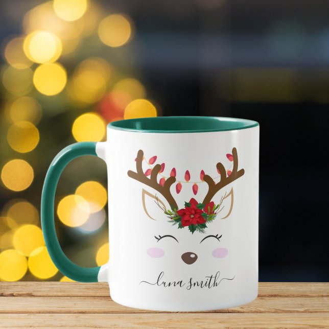 Caneca Rena Fofa Feliz Natal Presente Café Verde (Criador carregado)