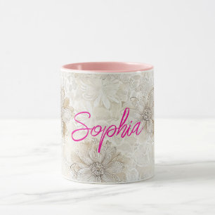 Caneca Renda Falsa Floral Creme Branco Romântico
