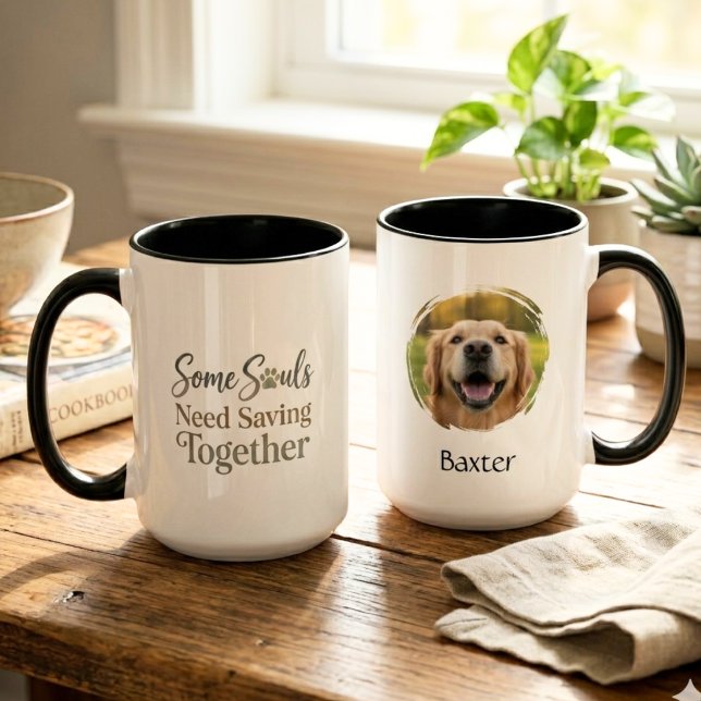 Caneca Resgate de Animais Juntos: Algumas Almas Precisam  (A black handled mug for a pet foster mom to enjoy while celebrating a successful adoption.)