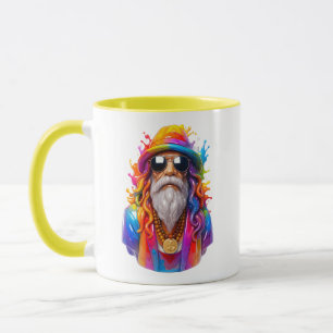 Caneca Retrato Colorido de Cara Hippie com Tema Amarelo A
