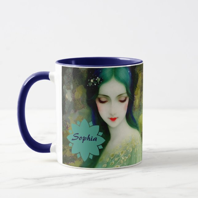 Caneca Retrato da Mulher Fantasia Elegante em Verde e Azu (Esquerda)