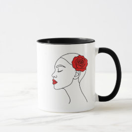 Caneca Retrato de Arte em Linha da Mulher com Rosa vermel