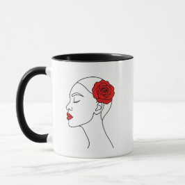 Caneca Retrato de Arte em Linha da Mulher com Rosa vermel