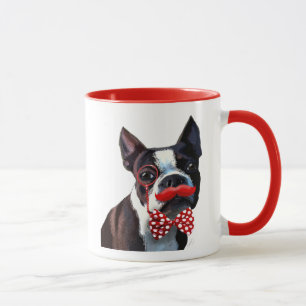 Caneca Retrato de Boston Terrier com Arco Vermelho e 2