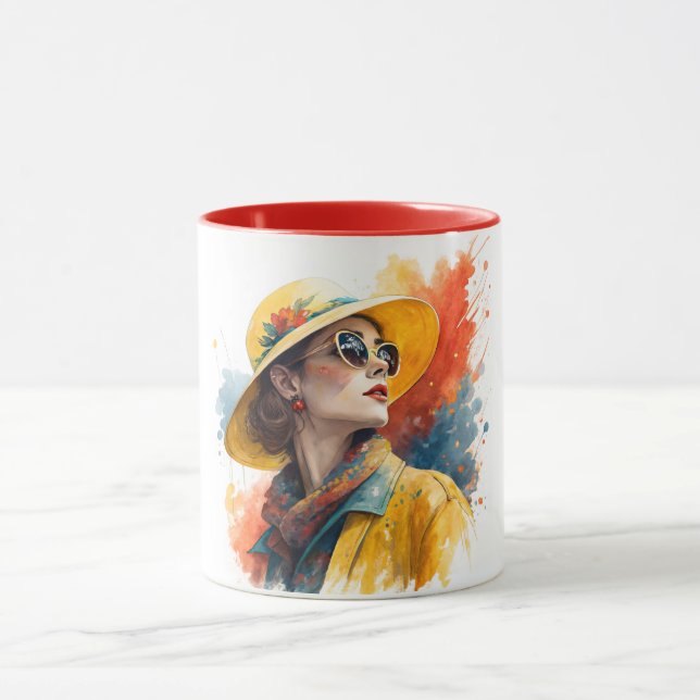 Caneca Retrato em Aquarela Chic com Arte de Explosão de C (Centro)