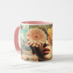 Caneca Retrato Feminino Surrealista Com Flores Cobrindo o