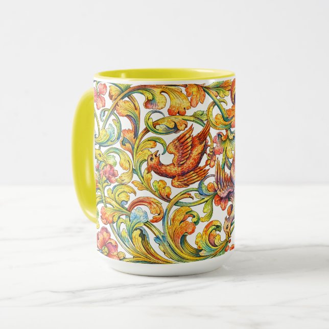 Caneca Retro 1696 Barroco Rococó Pássaros Em Friso De Fol (Frente Esquerda)