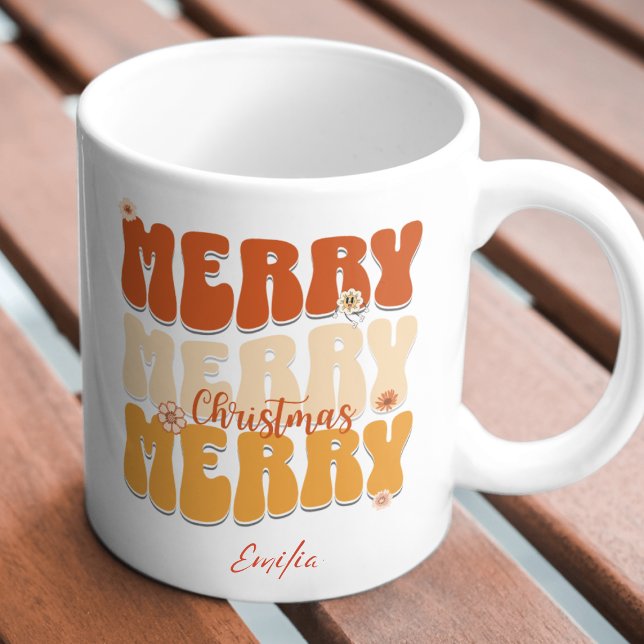 Caneca Retro 1960s Groovy Merry Christmas Name Boho (Criador carregado)