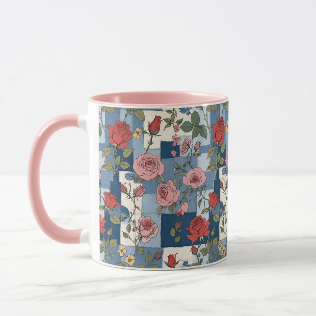 Caneca Retro Blue Jean Denim Patchwork com Rosas (Esquerda)