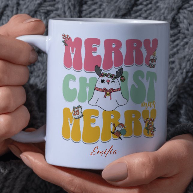 Caneca Retro Cor-de-rosa Groovy Feliz Natal Kawaii Nome (Criador carregado)
