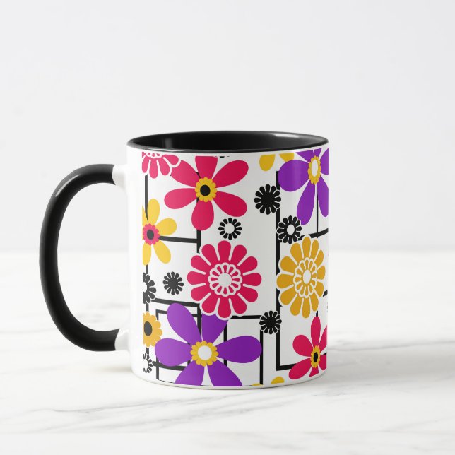 Caneca Retro de flores, retrato brilhante, floral, vermel (Esquerda)