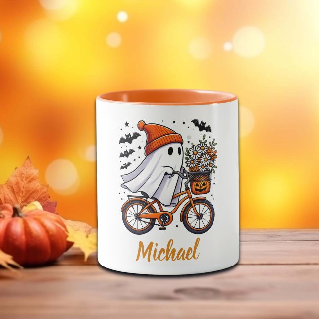 Caneca Retro Fantasma no Halloween de Bicicleta (Criador carregado)