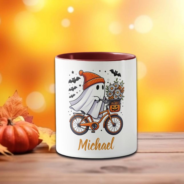 Caneca Retro Fantasma no Halloween de Bicicleta (Criador carregado)