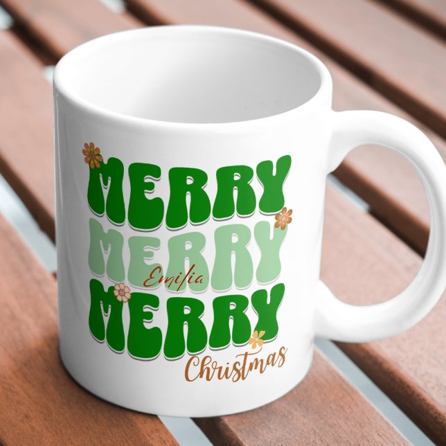 Caneca Retro Groovy Green - Nome do Boho de Natal Feliz (Criador carregado)
