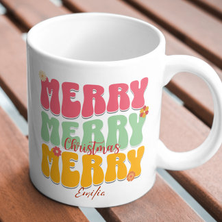 Caneca Retro Groovy Pink Feliz de Natal Feliz Nome Boho d