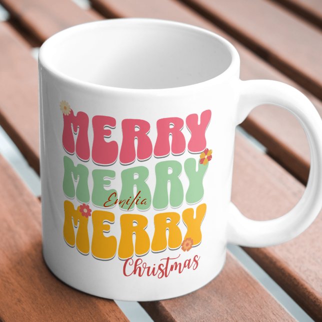 Caneca Retro Groovy Pink Feliz de Natal Feliz Nome Boho d (Criador carregado)