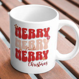 Caneca Retro Groovy Red Merry Christmas Boho Name