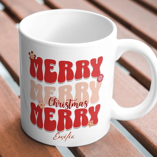 Caneca Retro Groovy Red Merry Christmas Boho Name (Criador carregado)