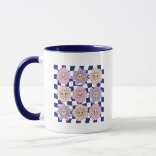 Caneca Retro Groovy Smiley Floral Xadrez Estética
