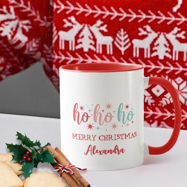 Caneca Retro Ho Ho Ho Feliz Natal Nome Personalizado (Criador carregado)