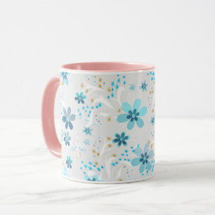 Caneca Retro, padrão floral, azul, cinza
