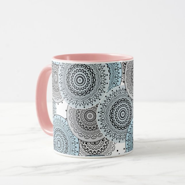 Caneca Retro, padrão retrô, azul e cinza, elegante (Frente Esquerda)