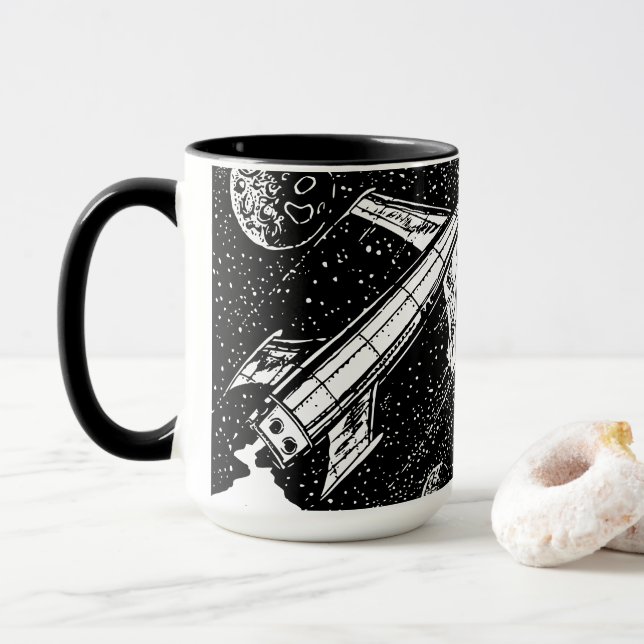 Caneca Retro Rocket – Cosmic Cool em Preto e Branc (Com Donut)