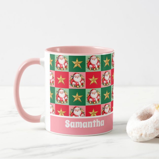 Caneca Retrô Rosa Papai Noel Feliz Crianças de Natal (Com Donut)
