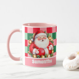 Caneca Retro Santa Claus Tartan Xadrez Natal Rosa