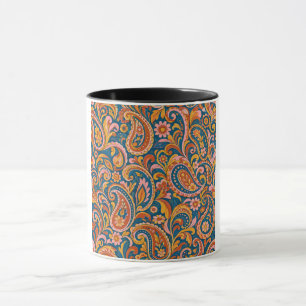 Caneca Retro Terracota e Azul Marinho Sem Costura Paisley