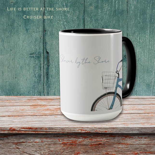 Caneca Rhode Island Coastal Cruiser Bike Mug (Life moves slower by the shore mug. Perfect mug for your morning coffee at the shore. Customize it!)