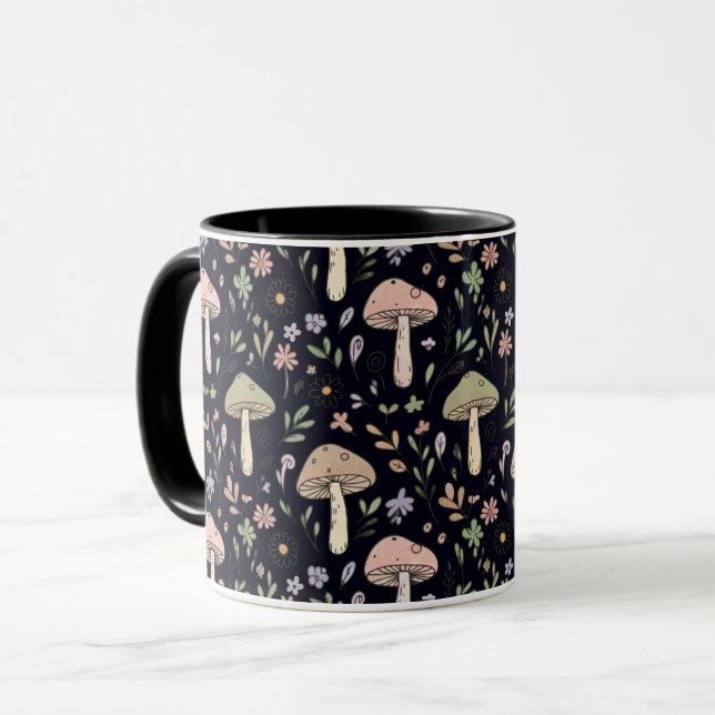 Caneca Rich Black Dark Academia Fungi Seamless Pattern (Frente Esquerda)