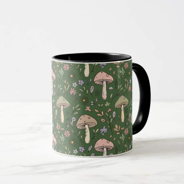 Caneca Rich Emerald Green Fungi Seamless Pattern Luxury (Frente Esquerda)