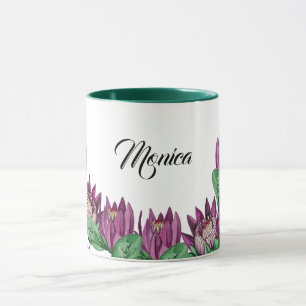 Caneca Roa Rei Protea Rosa Roxo Aquarela Pintada à Mão