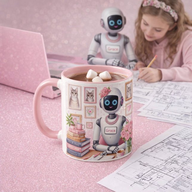 Caneca Robô de IA Girly Tech Grace Pink Sparkle (Girly Tech Mug: cozy cocoa, pink sparkle desk, and AI dreams brewed for creative minds.)