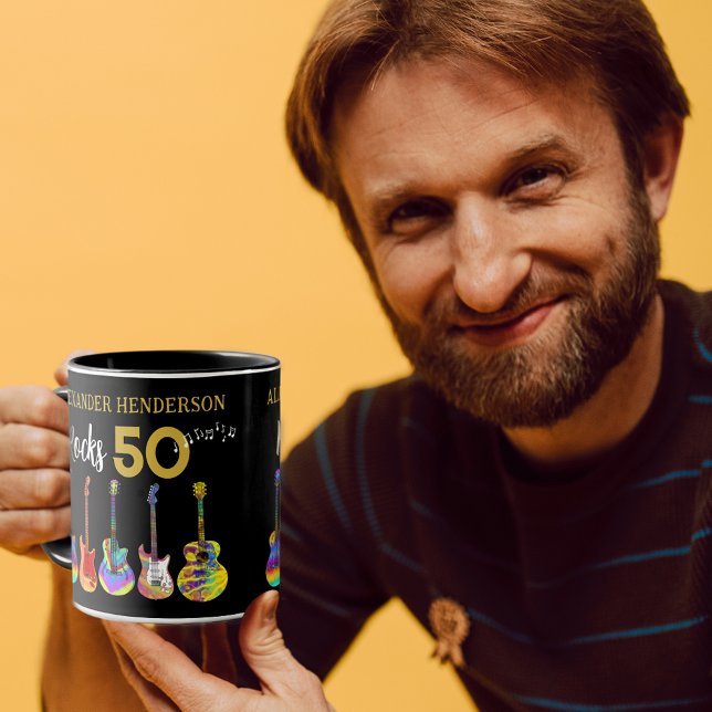 Caneca Rock and Roll 50th Birthday Funky Guitar (Rock and roll personalized name 50th birthday mug black and gold typography cool funky guitars)