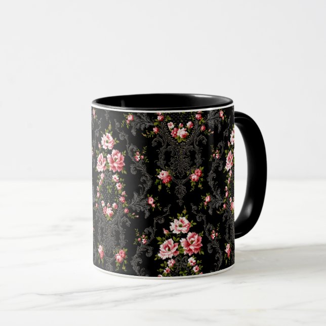 Caneca Rococo Floral-Negro Elegante Francês (Frente Esquerda)