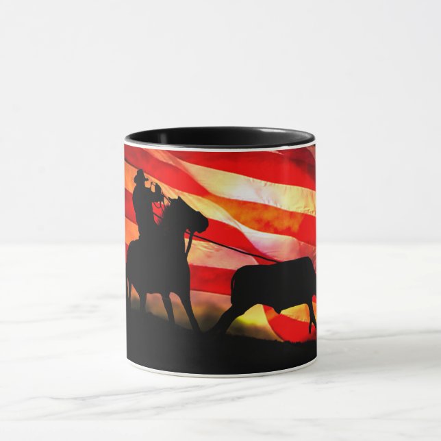 Caneca Rodeo de Roping Steer, Bandeira Americana do Cowbo (Centro)