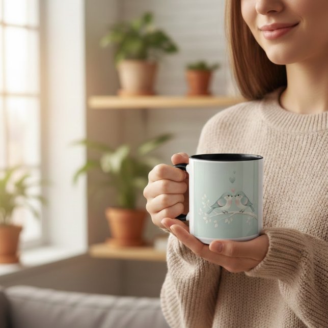 Caneca Romantic Love Birds Watercolor Combo Mug - Soft Bl (Criador carregado)