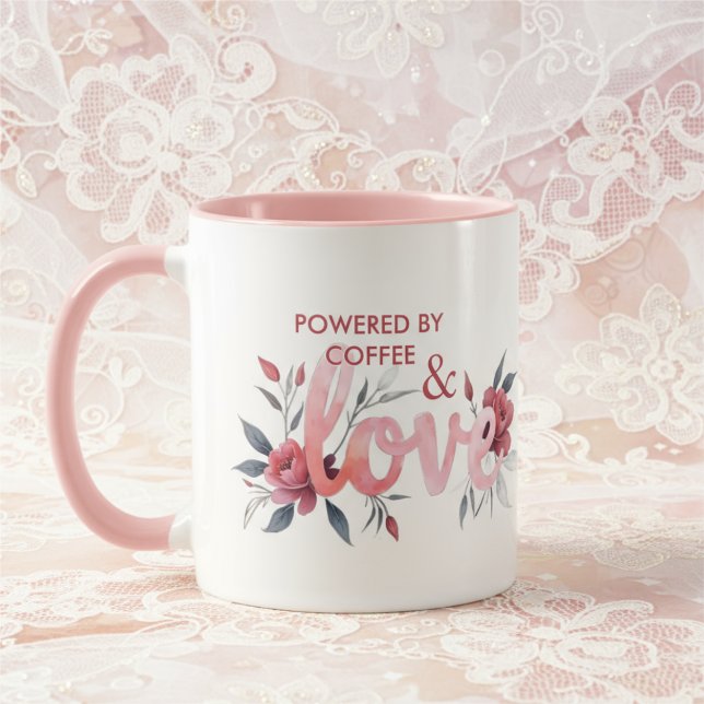 Caneca Romantic Pink Floral Botanical Love Coffee (Floral Pink Botanical Coffee Mug Featuring Love Design and Powered by Coffee and Love Phrase. )