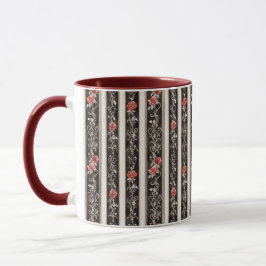 Caneca Romantic Red Roses Floral Cream Black Stripes