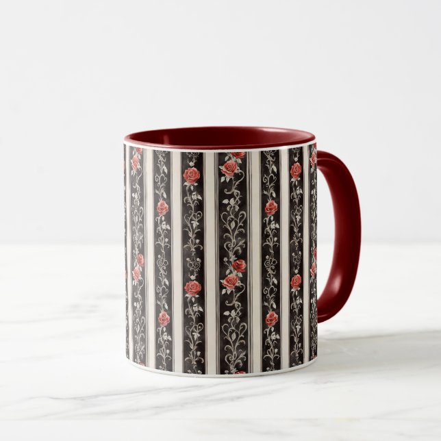 Caneca Romantic Red Roses Floral Cream Black Stripes (Frente Esquerda)