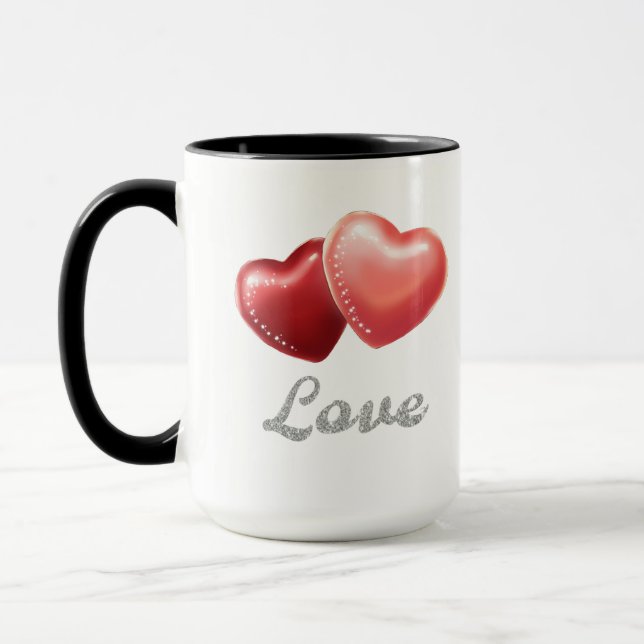 Caneca Romantic Sparkling Red Hearts "Love" Glitter Desig (Esquerda)